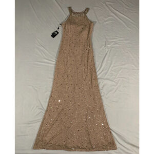 Adrianna Papell Dress Women 10 Beige Sequin Beaded Sheer Back Long Gown New